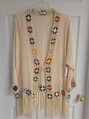 NWT - Kindred Crochet Trim Fringe Kimono Jacket - Cream with Multicolor Accents